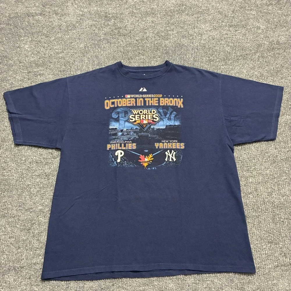 Majestic MLB 2009 World Series Yankees vs Phillies T-Shirt Mens 2XL Blue